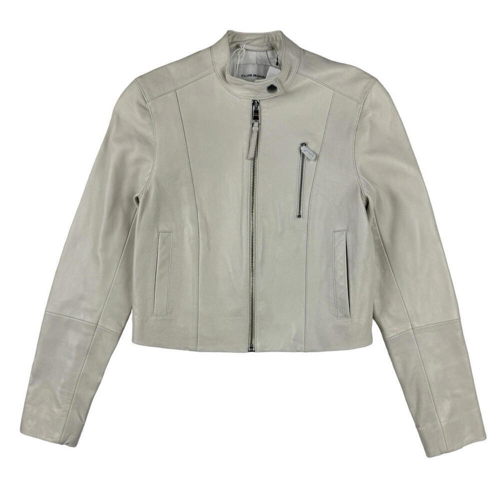 Club Monaco Band Collar Cropped Lambskin Leather Jacket Off White Size XS